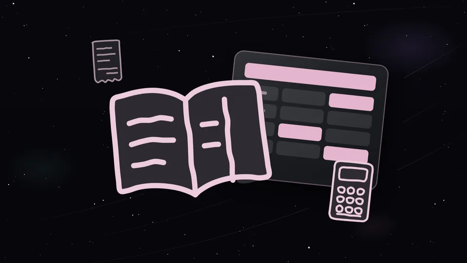Open ledger book, spreadsheet and calculator under a starry night sky.